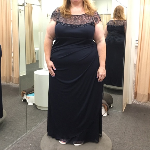 David’s Bridal Cap Sleeve Beaded Navy Blue dress - Picture 2 of 7